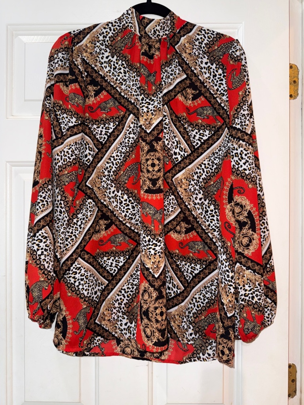 Red & Animal Print Button-Front Blouse